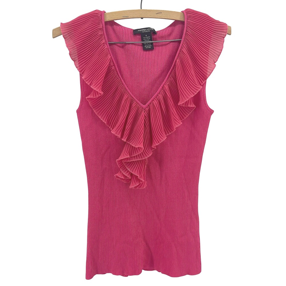 Y2K Ribbed Knit Ruffle Tank Top Womens S Hot Pink Dressy Interview Feminine
